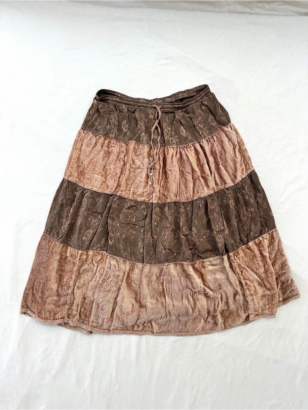 KEREN hart Boho Patchwork Maxi Skirt — Velvety Prairie Brown Toned Festival M-XL
